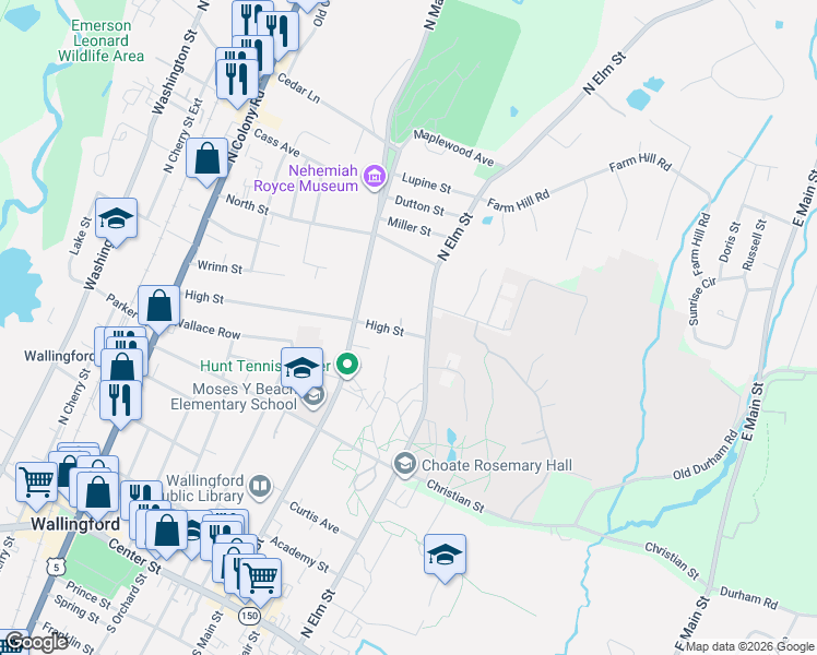 map of restaurants, bars, coffee shops, grocery stores, and more near 198 High Street in Wallingford