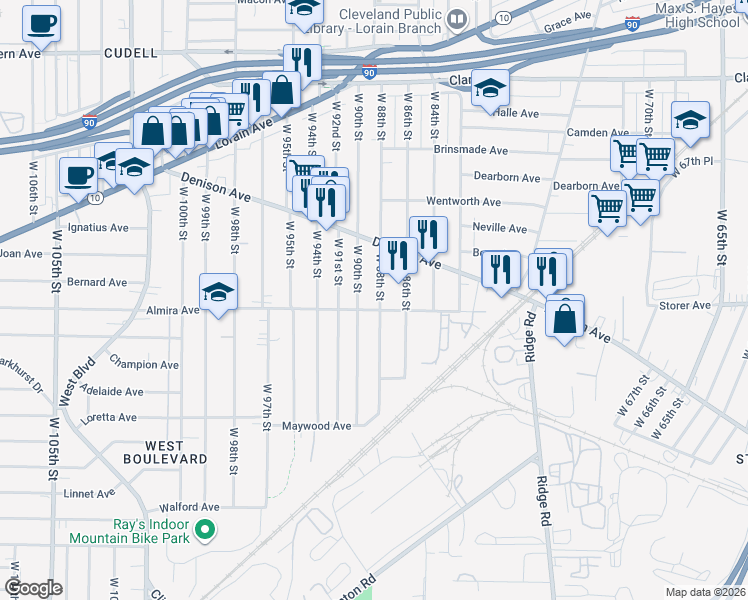 map of restaurants, bars, coffee shops, grocery stores, and more near 3321 West 90th Street in Cleveland