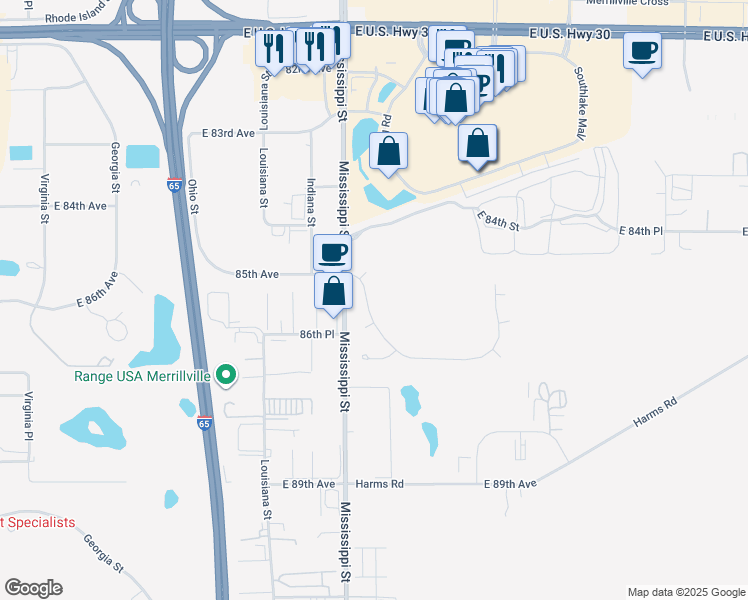 map of restaurants, bars, coffee shops, grocery stores, and more near 1611 East 85th Court in Merrillville