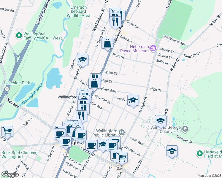 map of restaurants, bars, coffee shops, grocery stores, and more near 27 High Street in Wallingford