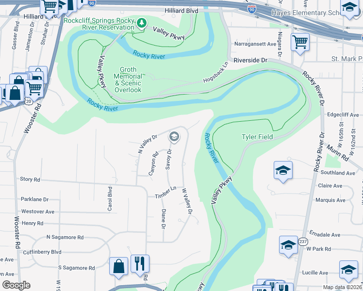 map of restaurants, bars, coffee shops, grocery stores, and more near 3833 Savoy Drive in Fairview Park