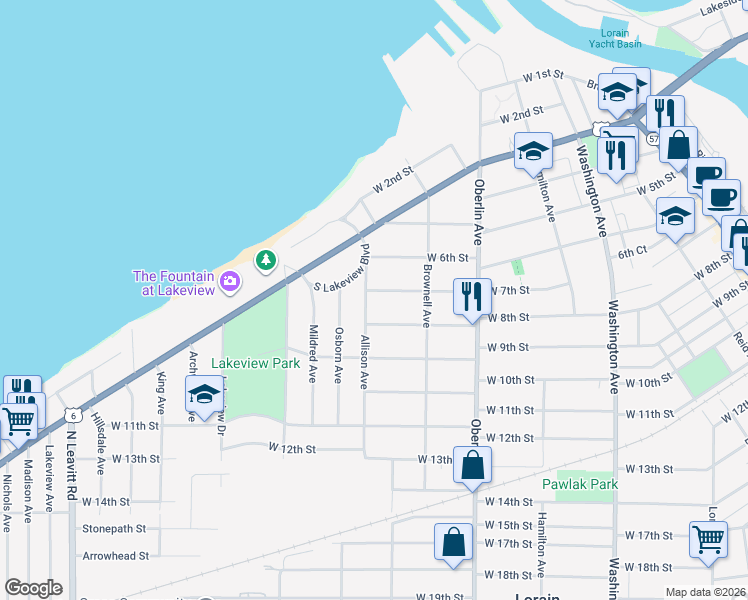 map of restaurants, bars, coffee shops, grocery stores, and more near 1346 West 7th Street in Lorain