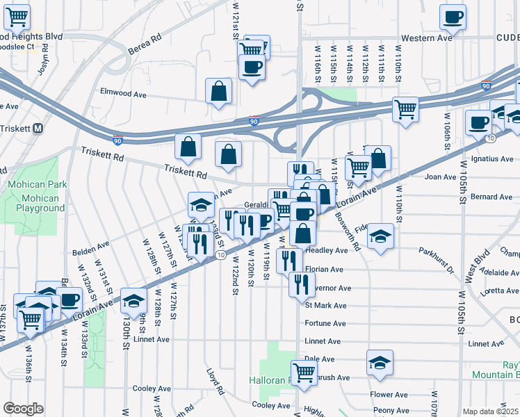 map of restaurants, bars, coffee shops, grocery stores, and more near 11915 Geraldine Avenue in Cleveland