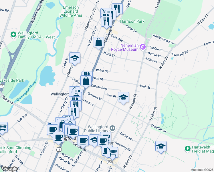 map of restaurants, bars, coffee shops, grocery stores, and more near 59 High Street in Wallingford