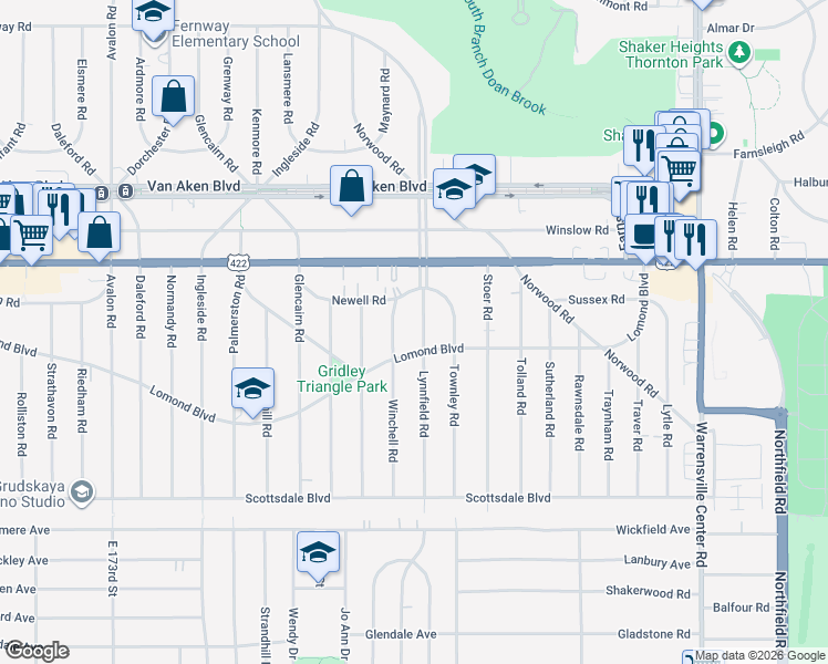 map of restaurants, bars, coffee shops, grocery stores, and more near 3554 Lynnfield Road in Shaker Heights