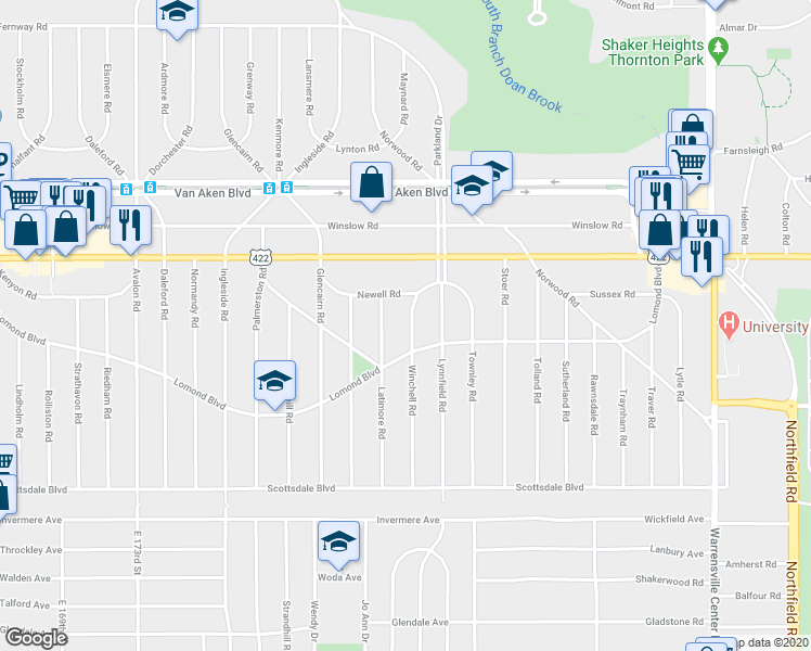 map of restaurants, bars, coffee shops, grocery stores, and more near 3553 Latimore Road in Shaker Heights