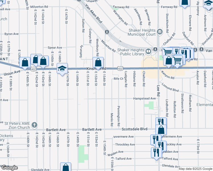 map of restaurants, bars, coffee shops, grocery stores, and more near 3551 East 154th Street in Cleveland