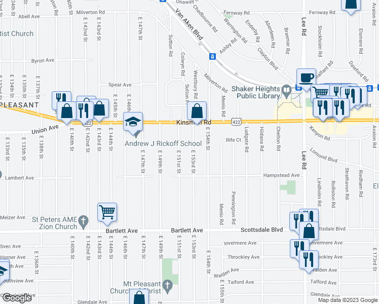 map of restaurants, bars, coffee shops, grocery stores, and more near 3550 East 153rd Street in Cleveland