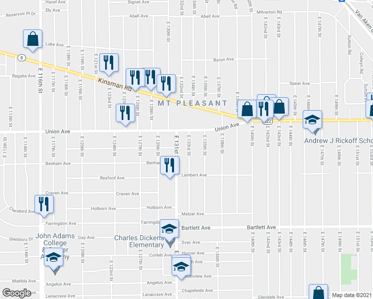 map of restaurants, bars, coffee shops, grocery stores, and more near 3525 East 131st Street in Cleveland