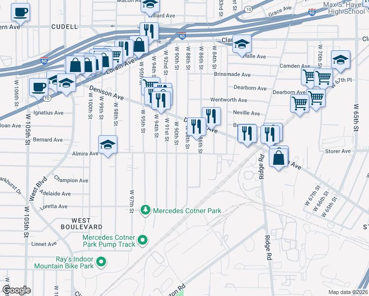map of restaurants, bars, coffee shops, grocery stores, and more near 3321 West 90th Street in Cleveland