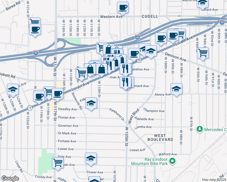 map of restaurants, bars, coffee shops, grocery stores, and more near 10707 Bernard Avenue in Cleveland