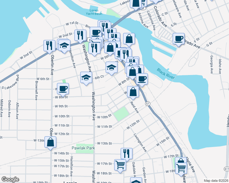 map of restaurants, bars, coffee shops, grocery stores, and more near 311 West 8th Street in Lorain