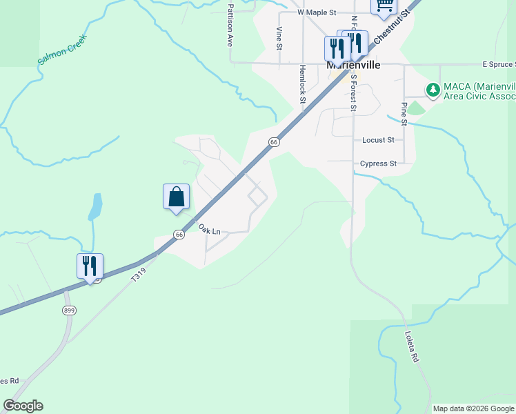 map of restaurants, bars, coffee shops, grocery stores, and more near 500 Red Oak Lane in Marienville