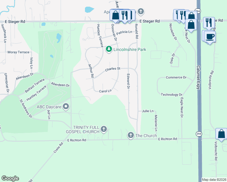 map of restaurants, bars, coffee shops, grocery stores, and more near 3602 Donovan Drive in Crete