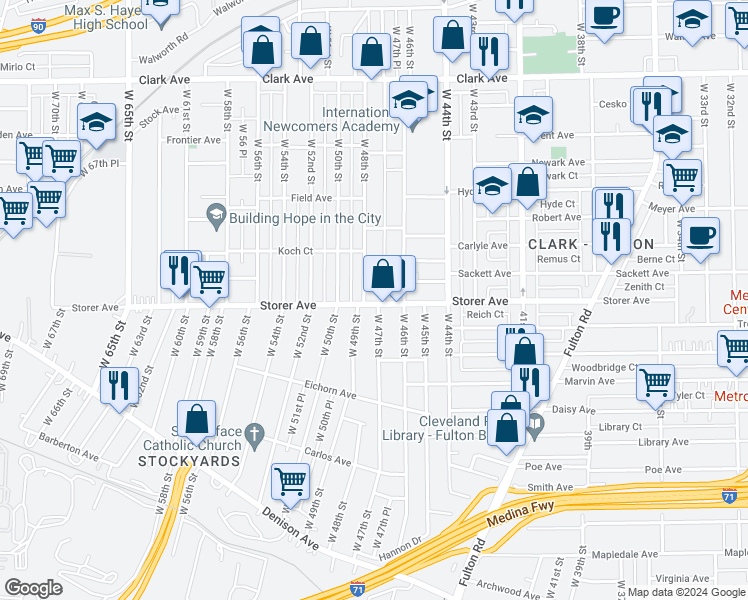 map of restaurants, bars, coffee shops, grocery stores, and more near 4710 Storer Avenue in Cleveland