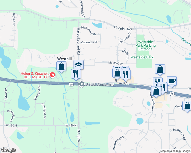 map of restaurants, bars, coffee shops, grocery stores, and more near 2590 Morthland Drive in Valparaiso