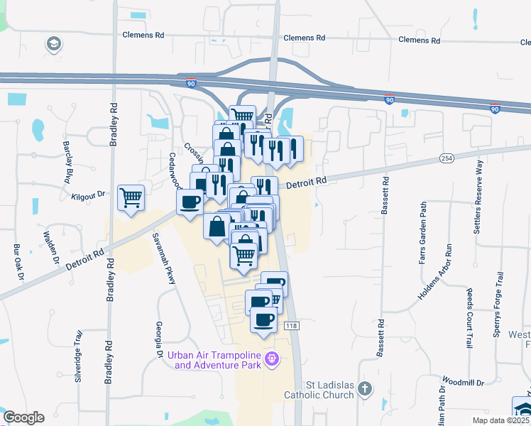 map of restaurants, bars, coffee shops, grocery stores, and more near 1900 Crocker Road in Westlake