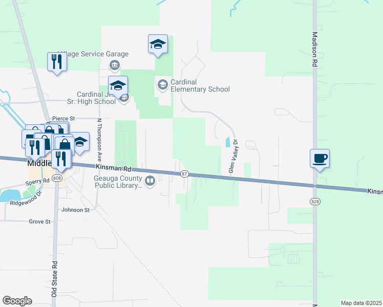 map of restaurants, bars, coffee shops, grocery stores, and more near 16246 East High Street in Middlefield