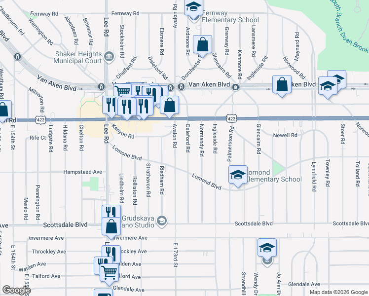 map of restaurants, bars, coffee shops, grocery stores, and more near 3550 Daleford Road in Shaker Heights