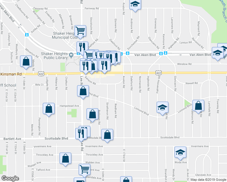 map of restaurants, bars, coffee shops, grocery stores, and more near 17010 Kenyon Road in Shaker Heights