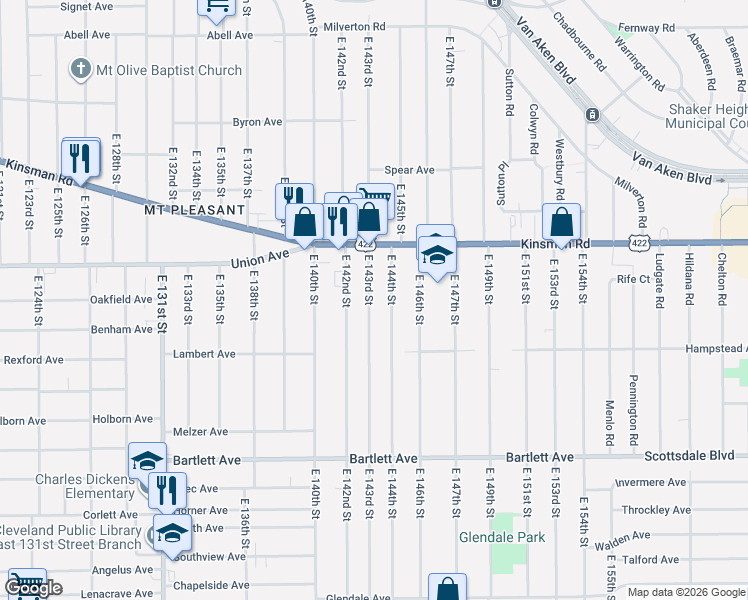 map of restaurants, bars, coffee shops, grocery stores, and more near 3545 East 143rd Street in Cleveland
