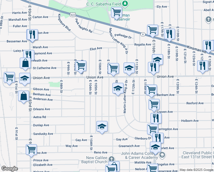 map of restaurants, bars, coffee shops, grocery stores, and more near 3517 East 106th Street in Cleveland