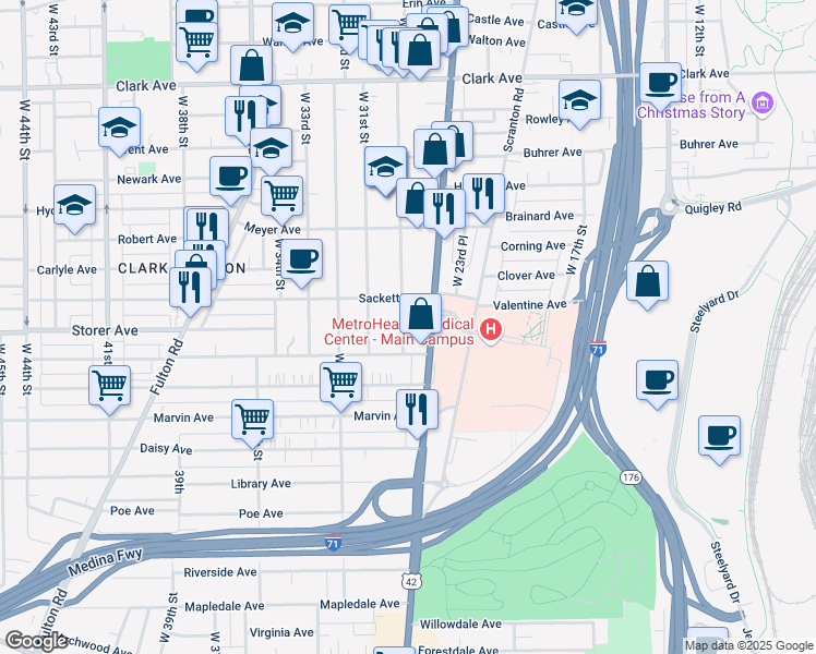 map of restaurants, bars, coffee shops, grocery stores, and more near 3352 West 30th Street in Cleveland