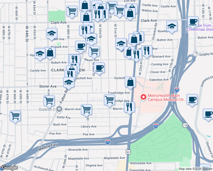 map of restaurants, bars, coffee shops, grocery stores, and more near 3347 West 33rd Street in Cleveland