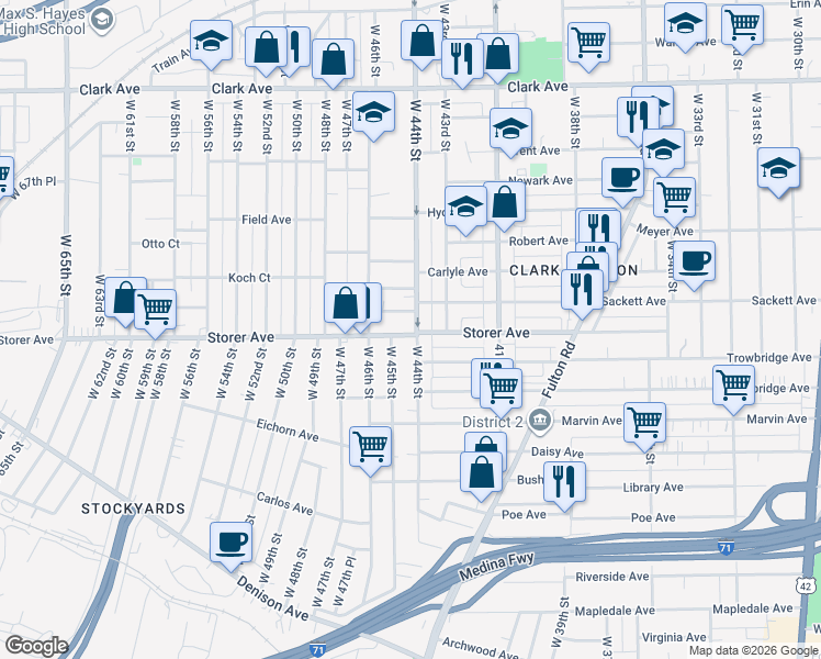 map of restaurants, bars, coffee shops, grocery stores, and more near 4411 Sackett Avenue in Cleveland