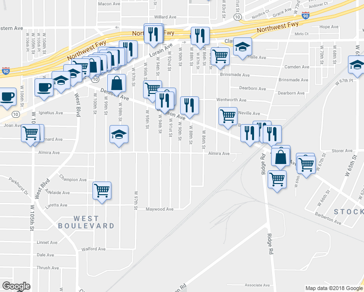 map of restaurants, bars, coffee shops, grocery stores, and more near 3321 West 90th Street in Cleveland