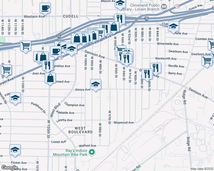 map of restaurants, bars, coffee shops, grocery stores, and more near 3342 West 97th Street in Cleveland