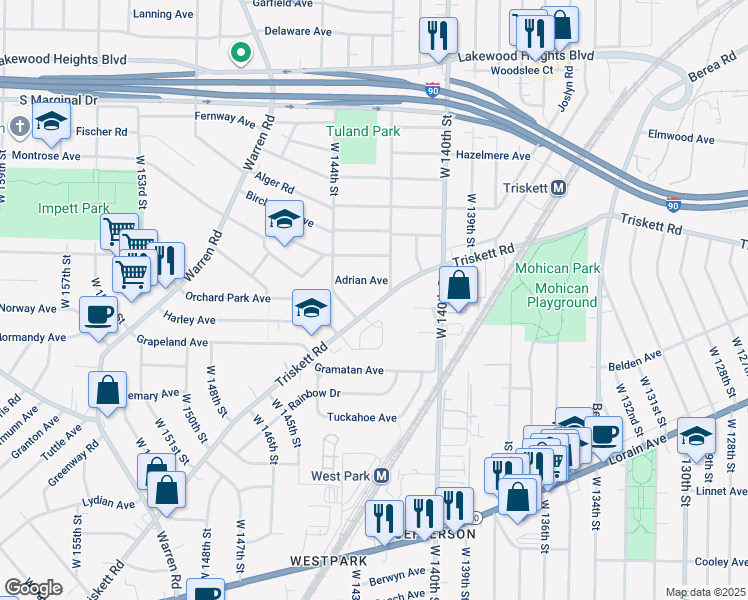 map of restaurants, bars, coffee shops, grocery stores, and more near 14305 Adrian Avenue in Cleveland