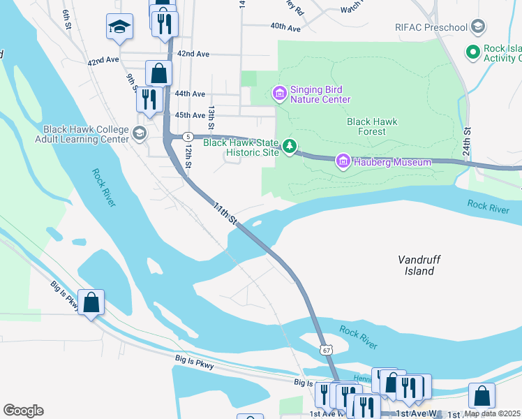 map of restaurants, bars, coffee shops, grocery stores, and more near 1240 51st Avenue in Rock Island