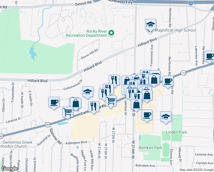 map of restaurants, bars, coffee shops, grocery stores, and more near 2775 Pease Drive in Rocky River