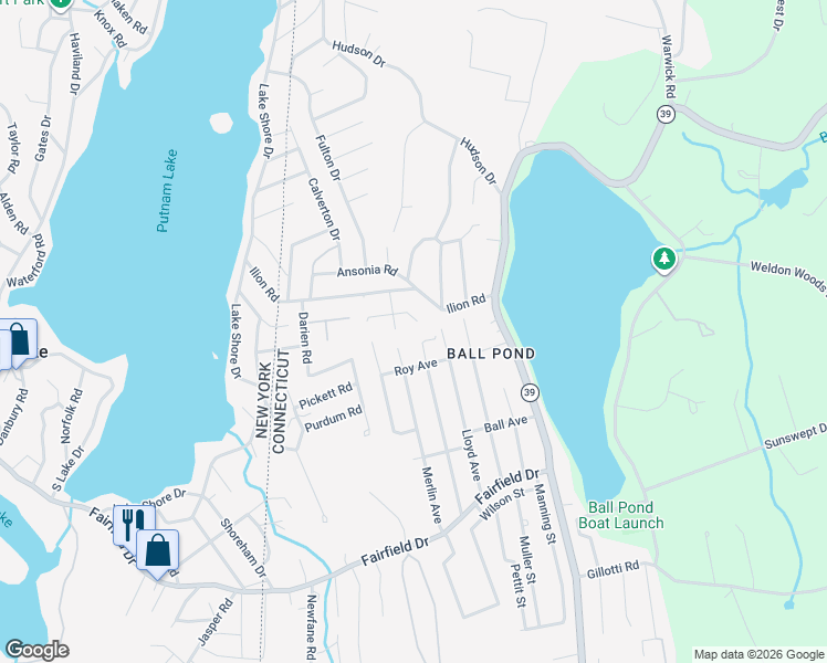 map of restaurants, bars, coffee shops, grocery stores, and more near 16 Bantam Road in New Fairfield