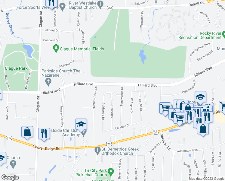 map of restaurants, bars, coffee shops, grocery stores, and more near 22860 Pocono Drive in Rocky River