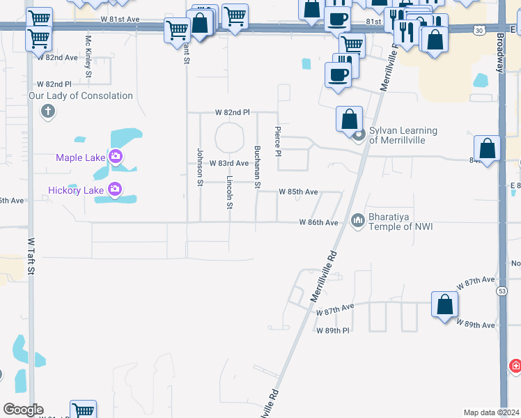 map of restaurants, bars, coffee shops, grocery stores, and more near 8541 Buchanan Street in Merrillville