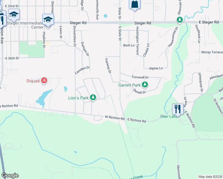 map of restaurants, bars, coffee shops, grocery stores, and more near 3596 South State Street in Crete