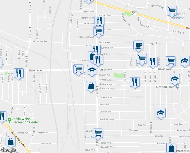 map of restaurants, bars, coffee shops, grocery stores, and more near 9201 Crane Ave in Cleveland