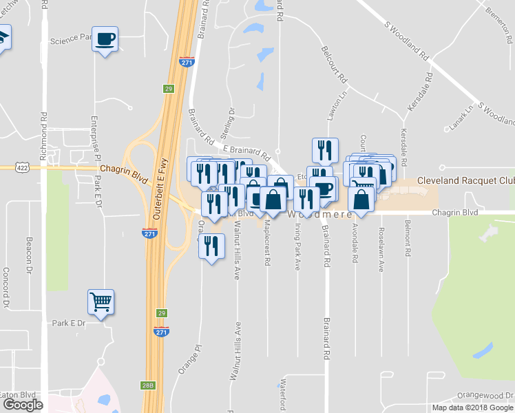 map of restaurants, bars, coffee shops, grocery stores, and more near 3439 West Brainard Road in Beachwood