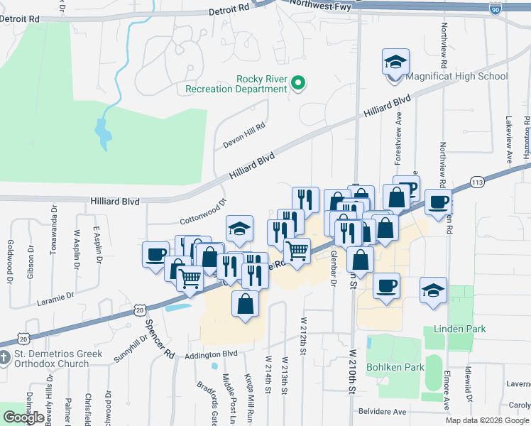 map of restaurants, bars, coffee shops, grocery stores, and more near 2826 Pease Drive in Rocky River