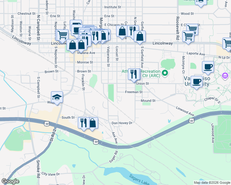 map of restaurants, bars, coffee shops, grocery stores, and more near 458 Locust Street in Valparaiso