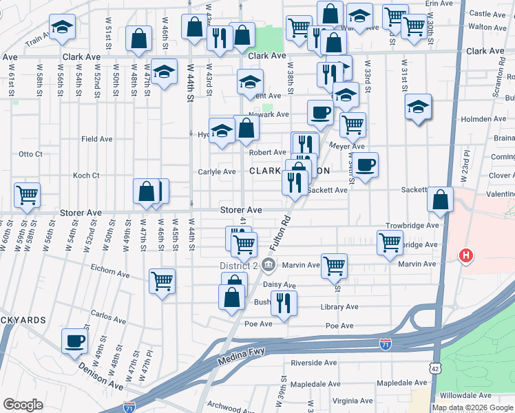 map of restaurants, bars, coffee shops, grocery stores, and more near 4013 Sackett Avenue in Cleveland