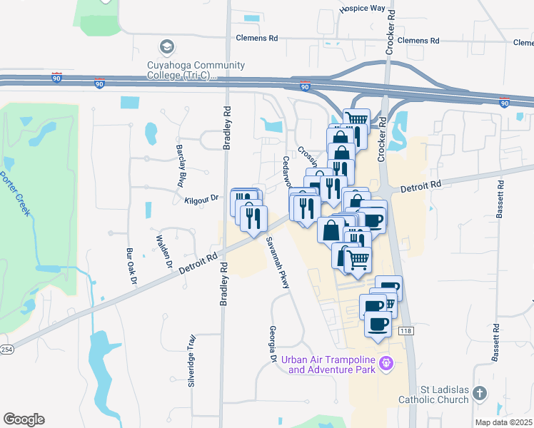 map of restaurants, bars, coffee shops, grocery stores, and more near 30532 Detroit Rd in Westlake