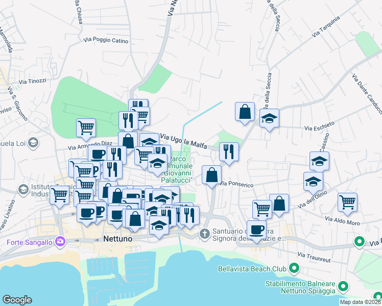 map of restaurants, bars, coffee shops, grocery stores, and more near 7 Via Ugo la Malfa in Nettuno