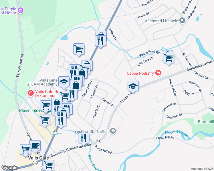 map of restaurants, bars, coffee shops, grocery stores, and more near 20 Continental Drive in New Windsor