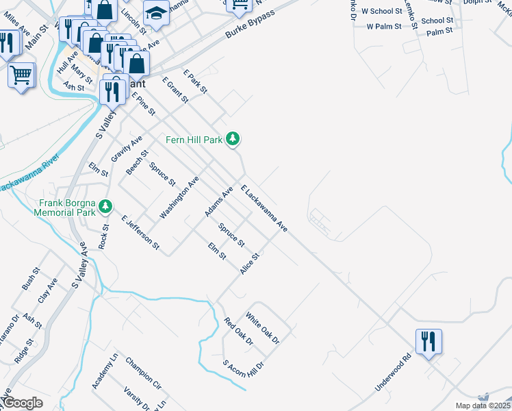 map of restaurants, bars, coffee shops, grocery stores, and more near 835-899 East Grant Street in Olyphant