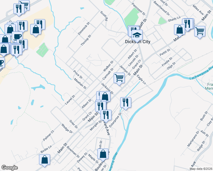 map of restaurants, bars, coffee shops, grocery stores, and more near 853 Albert Street in Dickson City