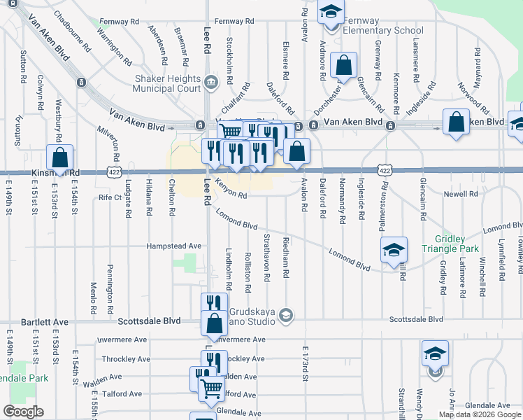 map of restaurants, bars, coffee shops, grocery stores, and more near 17010 Kenyon Road in Shaker Heights