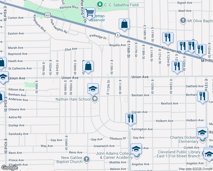 map of restaurants, bars, coffee shops, grocery stores, and more near 3518 East 112th Street in Cleveland